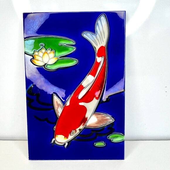 Koi Fish Pond Glazed Ceramic Art Hanging Tile 12x8" Hand Painted Wall Decor Deco